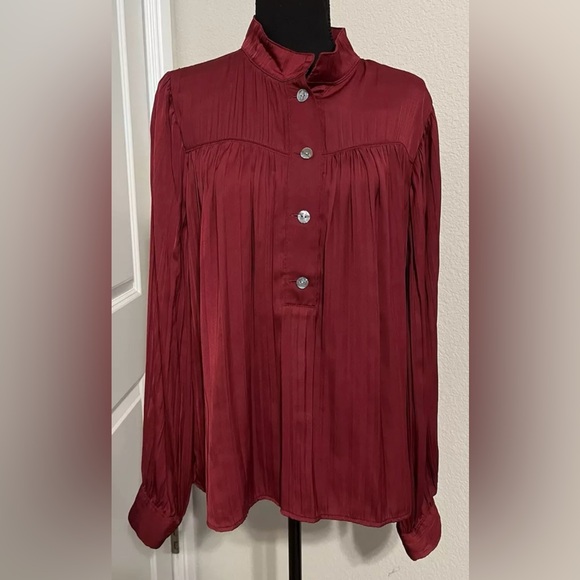 by Anthropologie SZ L Wine/Burgundy Silky Pleated Long Sleeve 1/2 Button Top - Picture 1 of 14